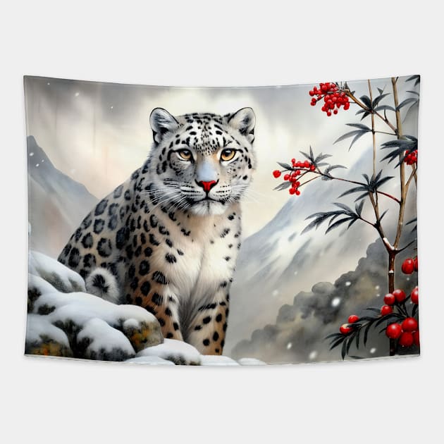 A Proud Snow Leopard Went Hunting, in the Snowy forest, Hight Mountains, Snow Falling, Winter Landscape, Wildlife White Panthera, Watercolor Realistic Illustration, Art, Portrait, Poster, Shirt, Christmas Holiday, Birthday gifts, Hunting lover Tapestry by sofiartmedia