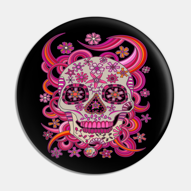 Dia De Los Muertos Sugar Skull Pink Flowers and Swirls - Sugar Skull ...