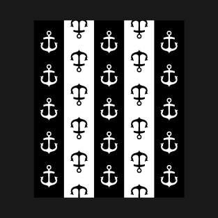 Black and White Nautical Stripes Anchor Pattern T-Shirt