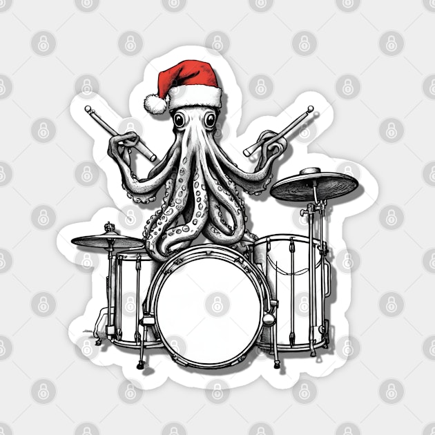 Santa Octopus Playing Drums, Christmas Octopus, Gift for Octopus Lover Magnet by Merch4Days