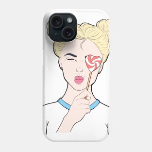 Girl blonde with a heart-shaped lollipop Phone Case