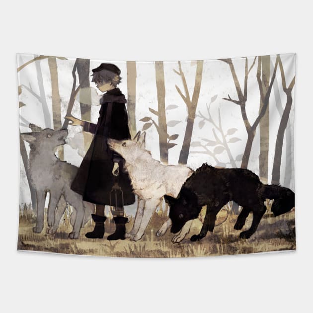 Walking wolf and boy Tapestry by rt0no