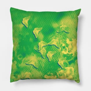 Yellow butterflies on textured green chevrons Pillow