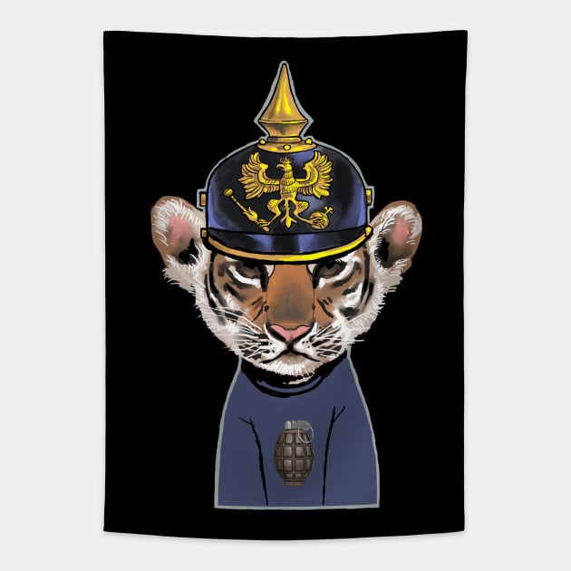 Tiger cub with spike helmet. Tapestry by Cohort shirts