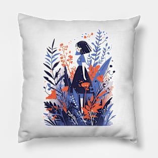 Cute girl stands in the garden Pillow