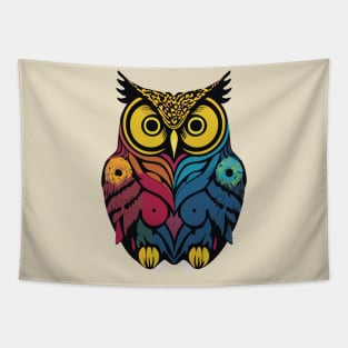 t-shirt design, colorful owl with yellow eyes on a black background, an airbrush painting Tapestry