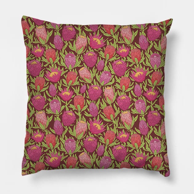 Pink protea flowers with green leaves on brown background Pillow by PinataFoundry