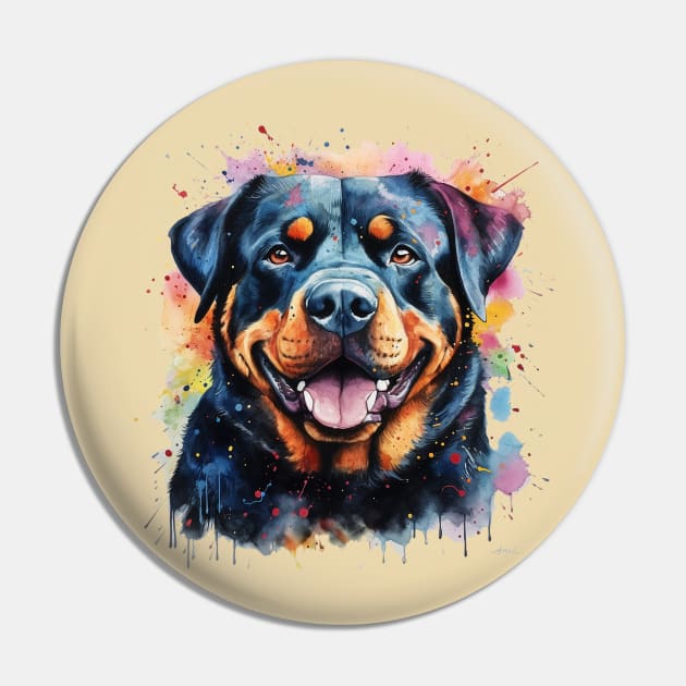 Rottie Rottweiler Bright Watercolor Painting Pin by nonbeenarydesigns