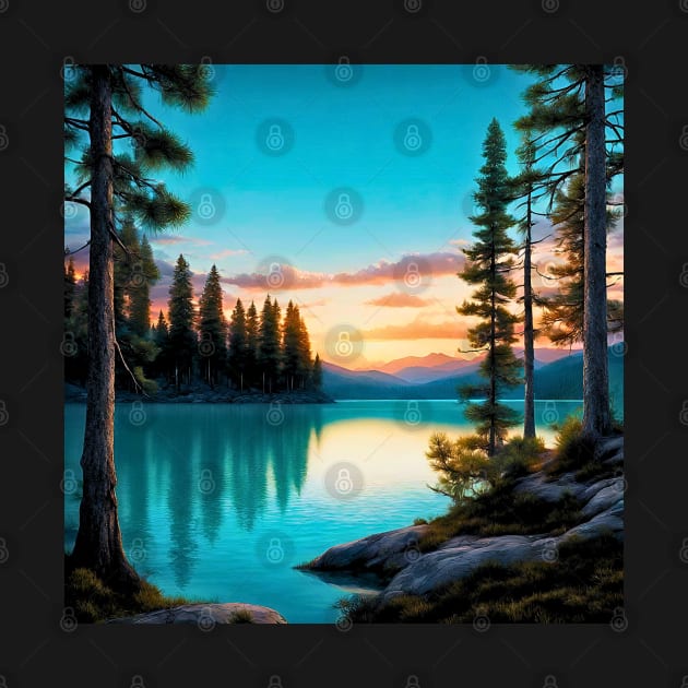 Serene Pine Tree Lake Sunset by Doodle and Things