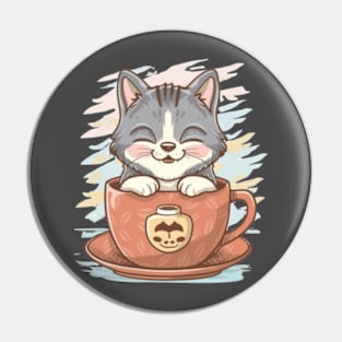 A grinning cat sipping coffee from a stylish mug Pin