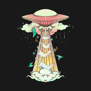 UFO Abducting Cats Surreal Alien Art T-Shirt