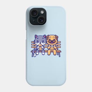 Cute Pug Dog And Cat Eating Food On Bench Park Cartoon Phone Case