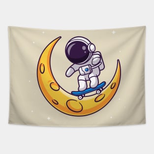 Cute Astronaut Playing Skateboard On Moon Cartoon Tapestry