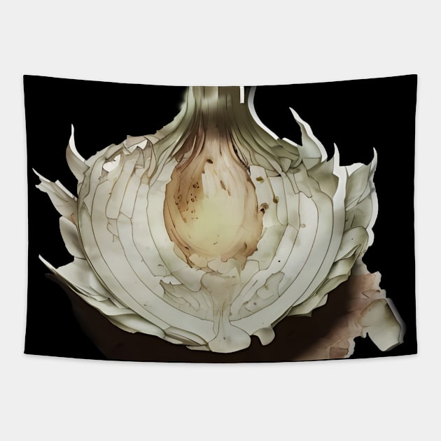 Onion Layers: The Core Truth - Peeling Away the Layers of Deception on a Dark Background Tapestry by Puff Sumo