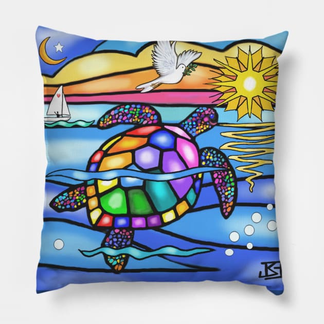 Stained Glass Style Sea Turtle Swims Toward Home Pillow by Dogs Galore and More