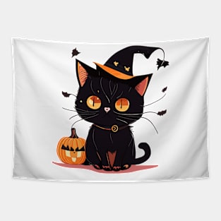 Cute black Halloween kitty in a hat Tapestry