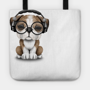 English Bulldog Puppy Dj Wearing Headphones and Glasses Tote