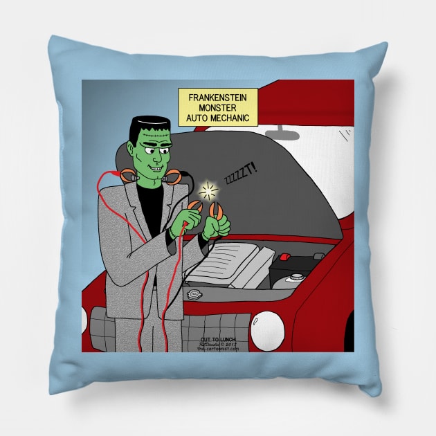 Frankensteins Monster Auto Mechanic Pillow by OutToLunch