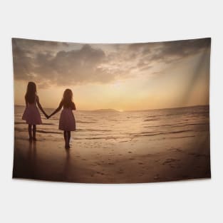 Two girl waits at sea holding hands Tapestry