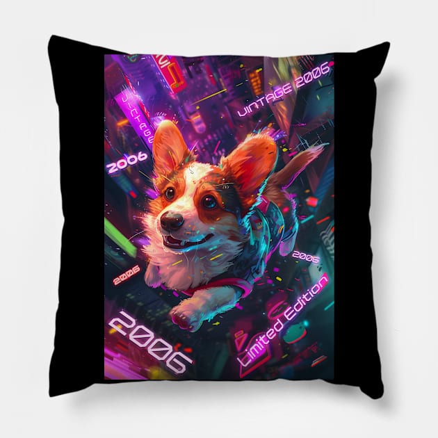 Vintage 2006 - Cyberpunk 18 Year Old Funny Corgi Dog 18th Birthday Pillow by Ai Wanderer