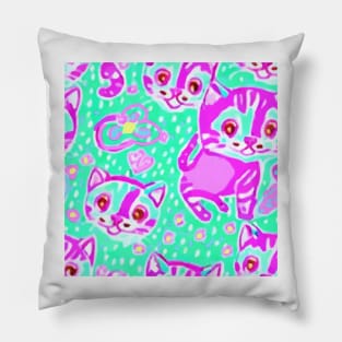 Markers children drawing of kittens on neon highlighter green Pillow