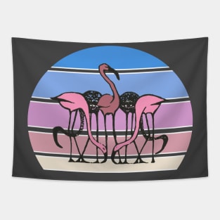 Lispe Five Flamingos Pastel Striped Sunset Tapestry