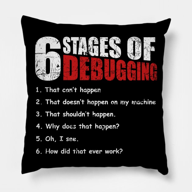 6 Stages of Debugging Bug Coding Computer Programmer T-Shirt Pillow by blimbercornbread