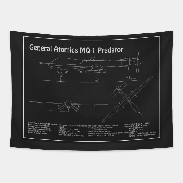 General Atomics MQ-1 Predator - Airplane Blueprint Plans - PD Tapestry by SPJE Illustration Photography