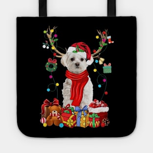 White Maltese Reindeer Santa Christmas Color Lights Tote