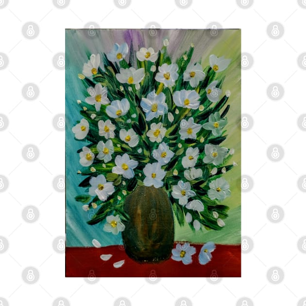 Some white and blue daisy In a gold and turquoise vase . by kkartwork