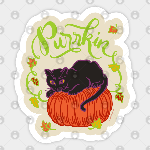 Funny Halloween Black Cat on Pumpkin Purrkin Fall Autumn - Halloween - Sticker