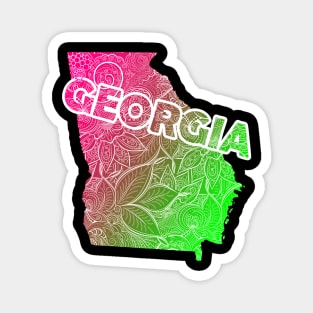 Colorful mandala art map of Georgia with text in pink and green Magnet