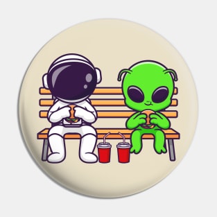 Cute Astronaut And Alien Eating Fastfood On Bench Park Cartoon Pin