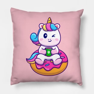 Cute Unicorn With Cofee And Doughnut Cartoon Pillow