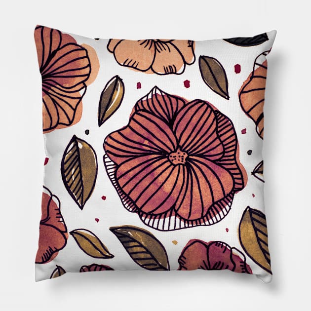 Watercolor and ink flowers - autumn Pillow by wackapacka