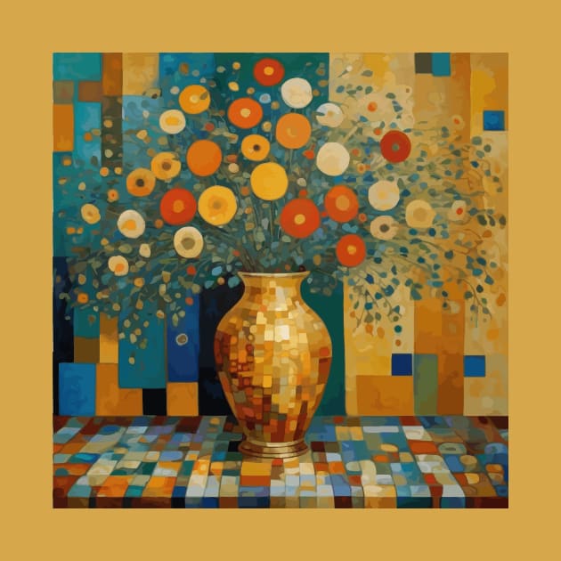 Colorful Abstract Flowers After Klimt in a Geometric Gold Vase by bragova