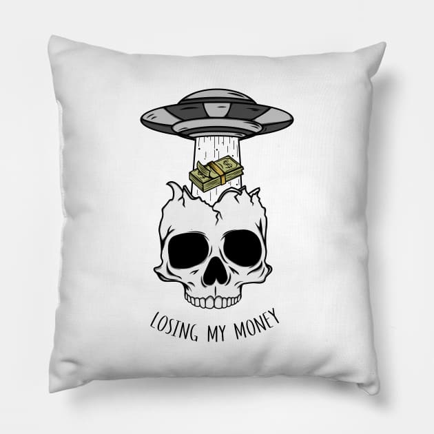 Losing My Money UFO Skull Pillow by White Name