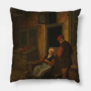 A Woman Cleaning Herring in Front of a House by Adriaen van Ostade Pillow