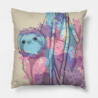 Sloth- Splashed in colors purple, pink and blue Pillow