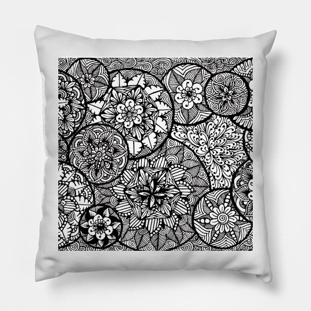 Monochrome Mandala/Zentangle bubbles Pillow by TheHermitCrab