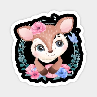 Cute little deer portrait with floral Magnet