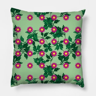 Cerise daisies with Yellow centres over layers of vine leaves on a Spearmint Green background Pillow