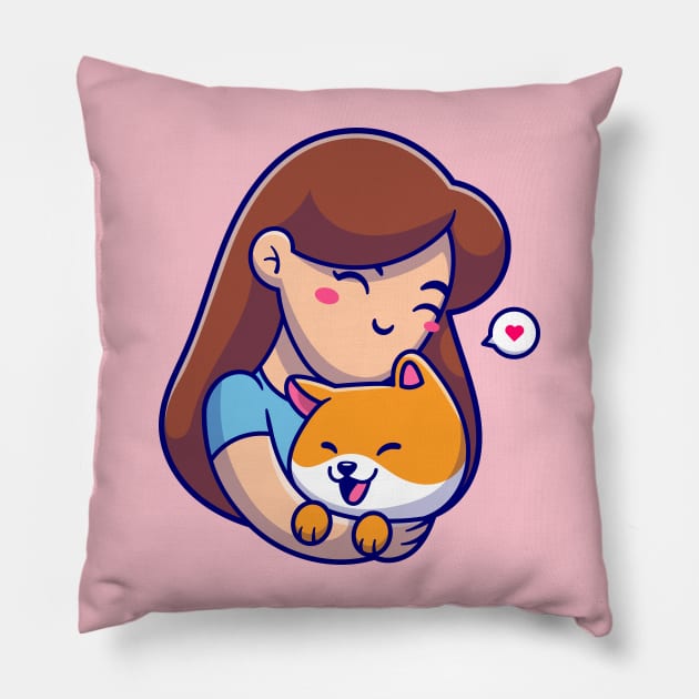 Cute Girl Hug Shiba Inu Dog Cartoon Pillow by Catalyst Labs