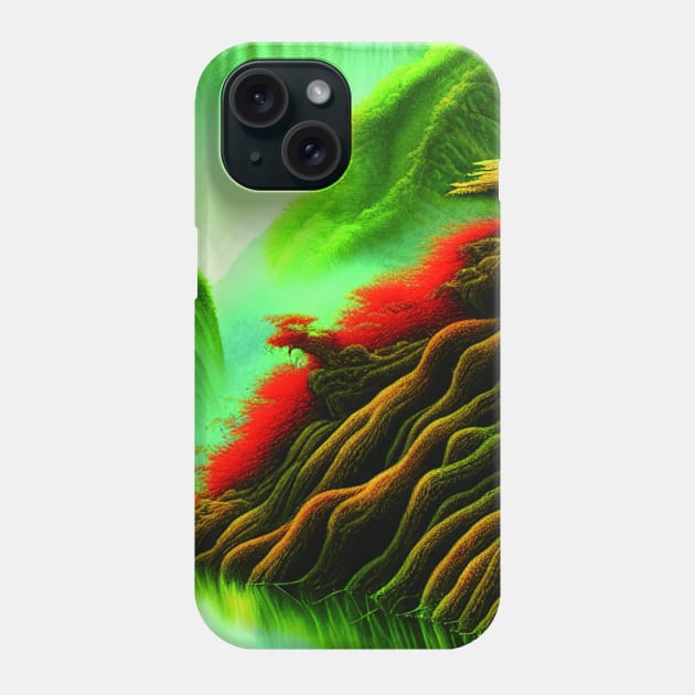 Digital Painting Scene Of Mountains And Colorful Plants on a Lake, Spring with Nature Phone Case by Promen Art