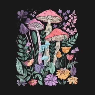 Goblincore Dark Cottagecore Cute Mushroom Purple Floral Garden T-Shirt