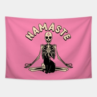 Yoga Namaste Black Cat in pink Tapestry