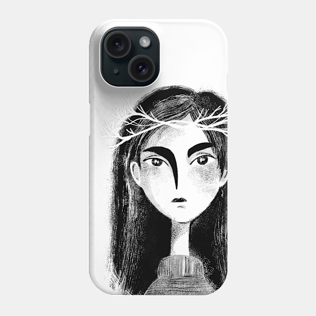 Black and white portrait of a girl with branches in her hair Phone Case by Lena Sfinks