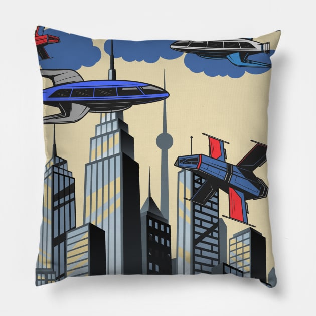 Retro Vintage Comic Spaceship Pillow by FullOnNostalgia