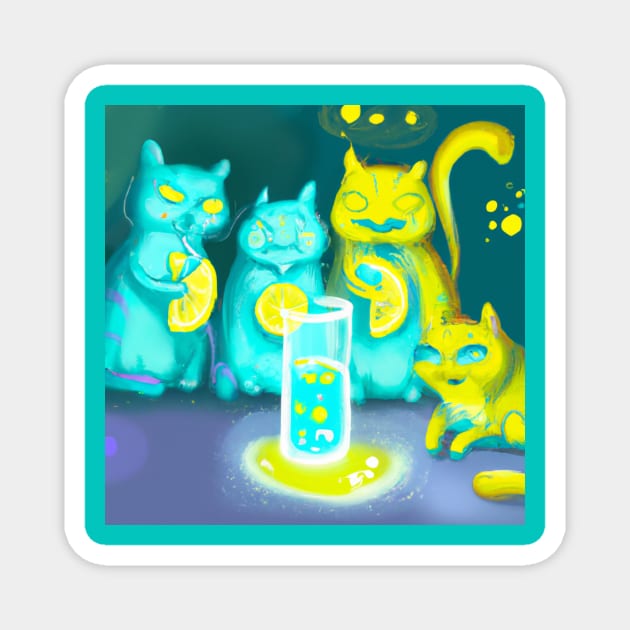 Several Glowing Blue Cats Bring Lemon Offerings to a Glass of Water Magnet by Star Scrunch