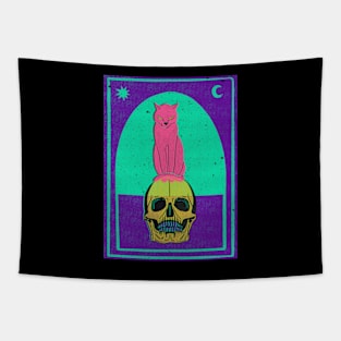 Cat sitting on skull - vibrant Tapestry